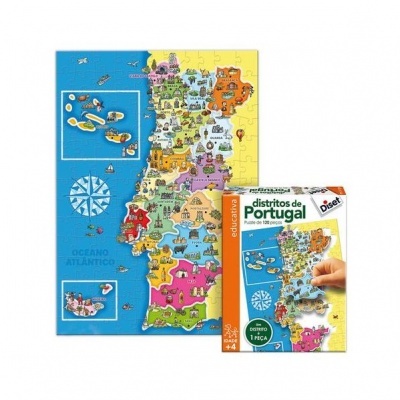 Quebra-cabeças educativo dos distritos de Portugal com 100 peças e ilustrações coloridas.