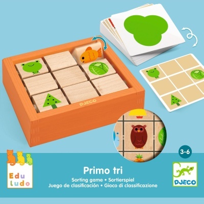 Jogo educativo de madeira com blocos e cartões da marca Djeco