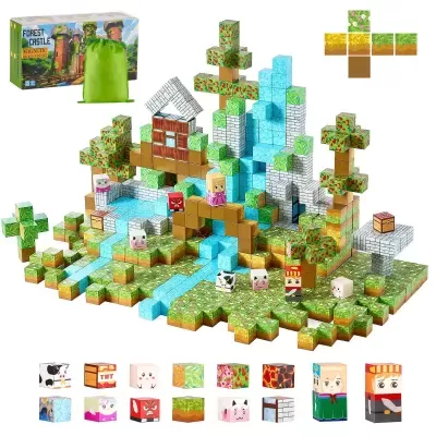 Conjunto de blocos magnéticos com padrões de natureza e personagens para construção