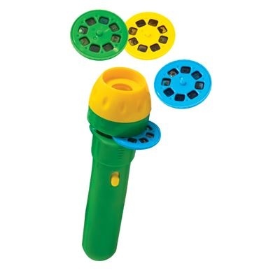Projetor de brinquedo verde e amarelo com discos coloridos para projeção