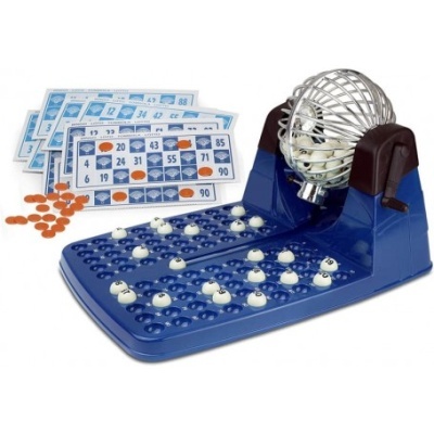 Conjunto de jogo de bingo com base azul e bola numerada