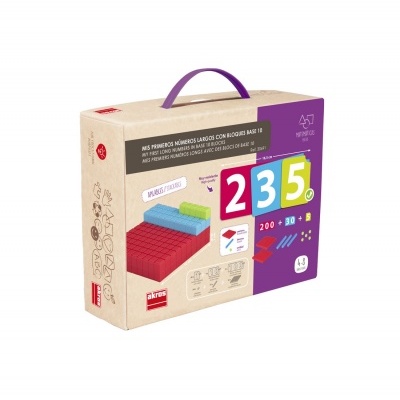 Embalagem de conjunto educativo com blocos base 10 e números coloridos