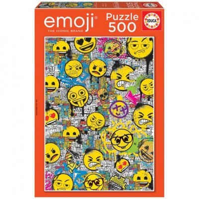 Embalagem de puzzle emoji 500 peças com imagens de emojis e fundo colorido