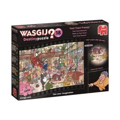 Caixa de quebra-cabeças Wasgij Destiny 18 com imagem de restaurante e indicação de 1000 peças.