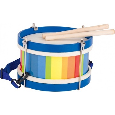 Tambor infantil colorido com correia e baquetas de madeira