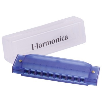 Harmónica azul translúcida com tampa branca e texto Harmonica