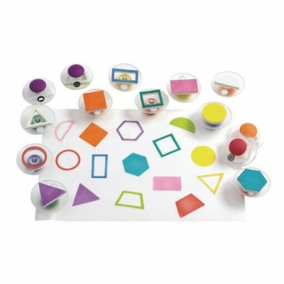 Conjunto de carimbos geométricos coloridos e papéis com estampas