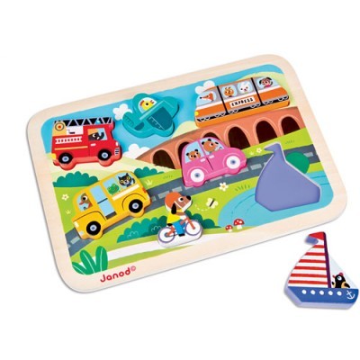 Quebra-cabeças de madeira infantil com veículos coloridos e peças destacáveis