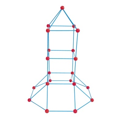Estrutura montada de foguete com hastes azuis e conectores vermelhos