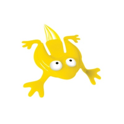 Figura de sapo amarelo de plástico com olhos salientes