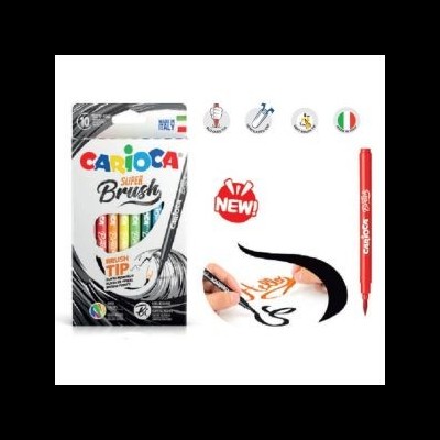 Caixa de canetas coloridas Carioca Super Brush e caneta vermelha ao lado.