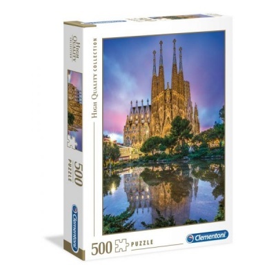Caixa de puzzle Clementoni 500 peças com imagem da Sagrada Família refletida em água ao entardecer.