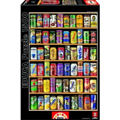 Imagem de caixa de puzzle com desenho de 60 latas de bebida coloridas em seis fileiras