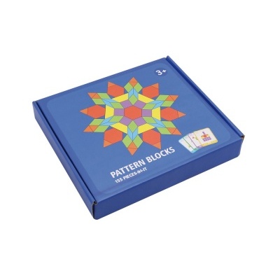 Caixa azul de blocos de padrão para crianças, com design geométrico colorido e texto branco