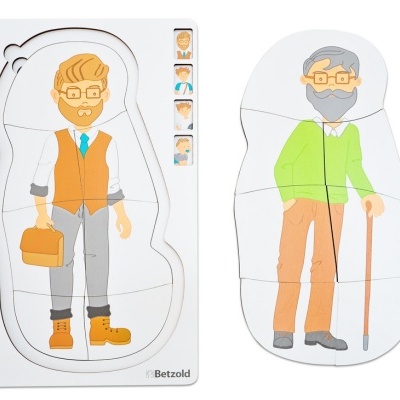 Puzzle de madeira com duas figuras humanas coloridas e estilizadas
