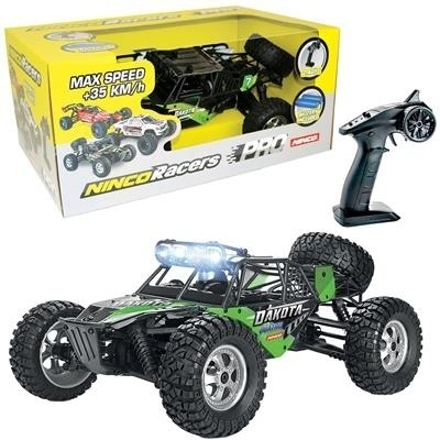 Carro RC todoterreno Ninco Dakota verde e preto com controlo remoto e caixa amarela