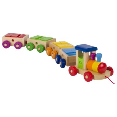 Comboio de madeira colorido com locomotiva e três carruagens