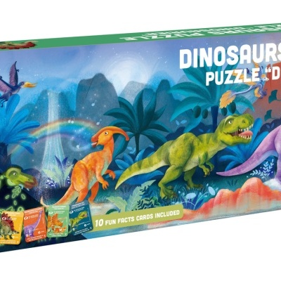 Caixa de puzzle de 200 peças com dinossauros coloridos em floresta e texto informativo