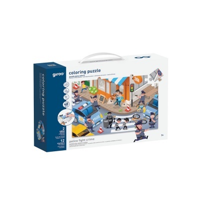 Caixa retangular branca e azul de puzzle de colorir temática de polícia e crime.