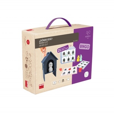 Caixa de jogo educativo com imagens e peças para crianças, cores roxo e castanho claro.