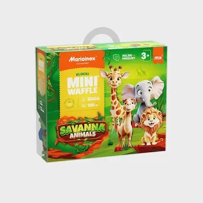 Caixa verde de blocos de construção Martinex Mini Waffle Savanna Animals com animais da savana e indicação para 3+ anos.