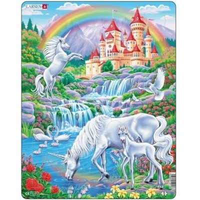 Ilustração de unicórnios e castelo em cenário de fantasia colorido