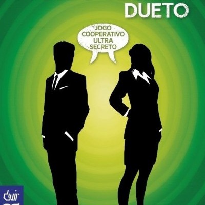 Capa de jogo Código Secreto Dueto com fundo verde e silhuetas de duas pessoas