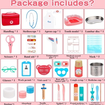 Kit médico infantil com vários itens coloridos organizados em grelha