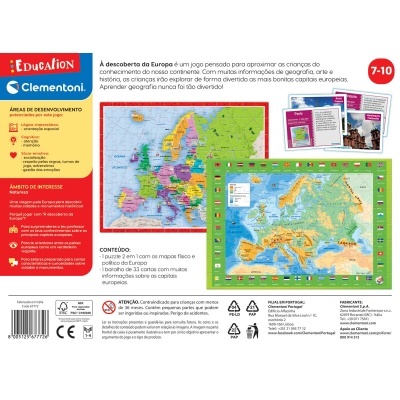Embalagem do jogo educativo da Clementoni com mapas da Europa para crianças dos 7 aos 10 anos