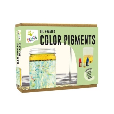 Caixa de pigmentos coloridos para óleo e água com ilustrações de frascos e copo