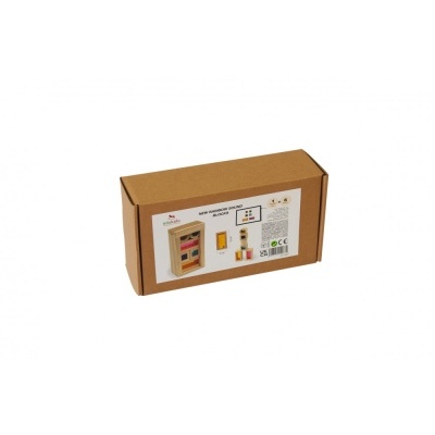 Caixa castanha com bloco educativo de madeira colorido