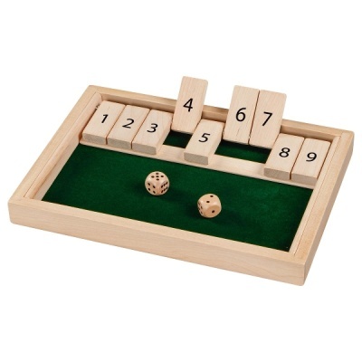 Jogo de tabuleiro de madeira com peças numeradas 1 a 9 e dois dados