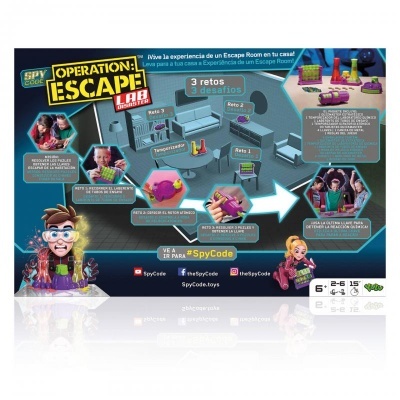 Embalagem do jogo de tabuleiro Operation Escape LAB CODE com desenhos coloridos e texto em espanhol