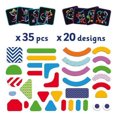 Peças de formas geométricas coloridas e cartas de desenho com padrões coloridos sobre fundo branco.