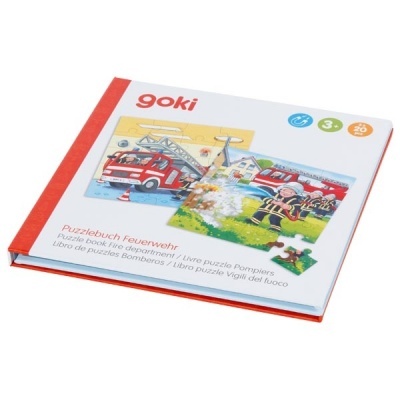 Livro de puzzle goki tema bombeiros com capa branca e vermelha