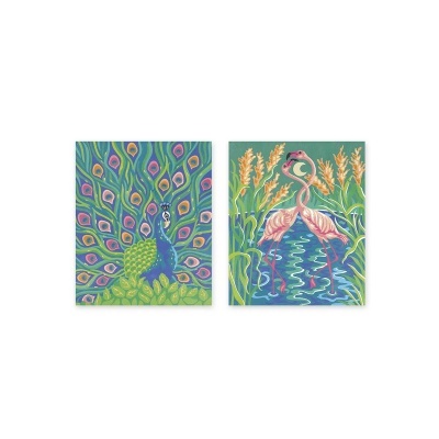 Dois quadros decorativos com pavão e flamingos em fundo verde