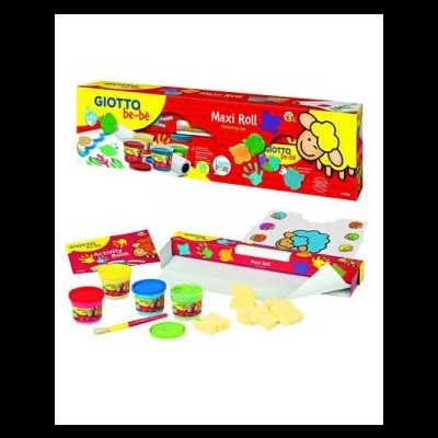 Conjunto de massinha de modelar com embalagem vermelha e amarela e potes coloridos