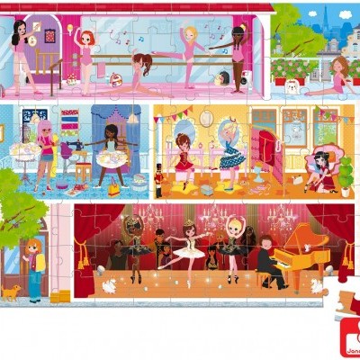 Imagem colorida de um edifício com três andares, mostrando crianças a dançar ballet, brincar e tocar música