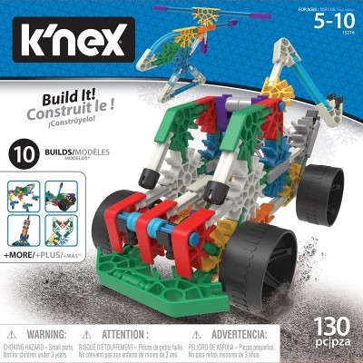 Embalagem do brinquedo de construção K'nex com modelo colorido montado e indicação de 130 peças para idades 5 a 10 anos