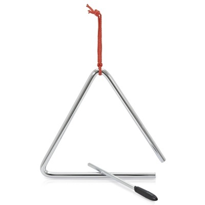Triângulo musical metálico com baqueta numa corda vermelha
