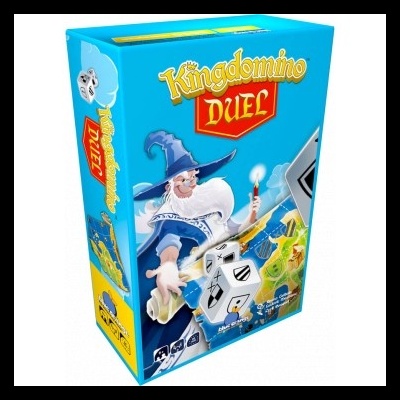 Caixa azul do jogo Kingdomino Duel com feiticeiro e peças do jogo