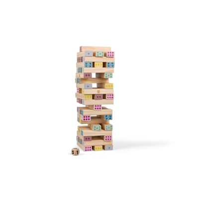 Jogo de torre de blocos de madeira com pontos coloridos e dado de madeira com números.