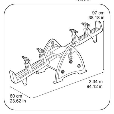 Desenho técnico de baloiço infantil com quatro assentos e apoios para as mãos, dimensões indicadas.