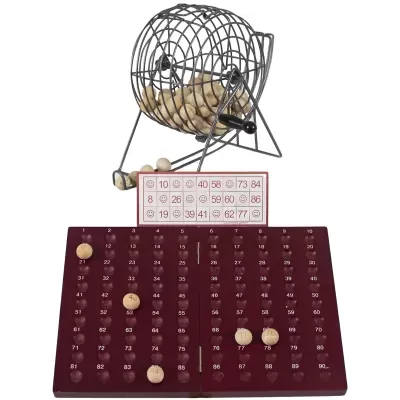 Jogo de bingo com roda metálica, bolas de madeira, tabuleiro bordô numerado e cartão de jogo.