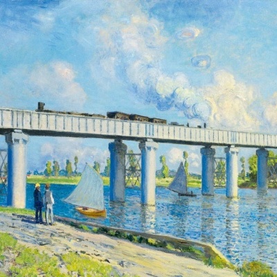 Pintura de uma ponte sobre um rio com veleiros e pessoas na margem