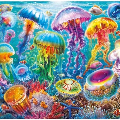 Águas-vivas coloridas e peixes num recife de coral subaquático