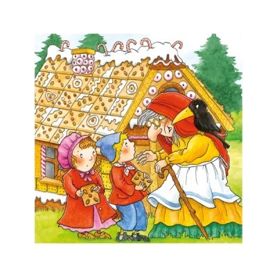 Ilustração de casinha de bolachas com doces e três personagens vestidas com roupas antigas, ao ar livre com árvores ao fundo.