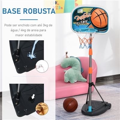 Mini cesto de basquetebol infantil com base preta e painel azul com bola de basquete