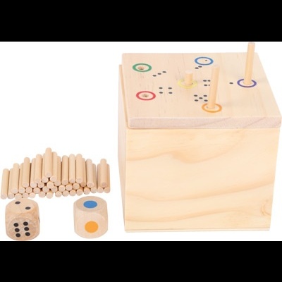 Jogo de madeira com caixa quadrada, dados coloridos, cilindros e postes de jogo