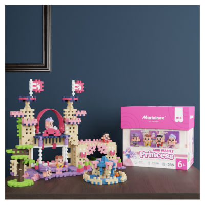 Kit de construção Mini Waffle Princess com castelo, carrossel, figuras e caixa